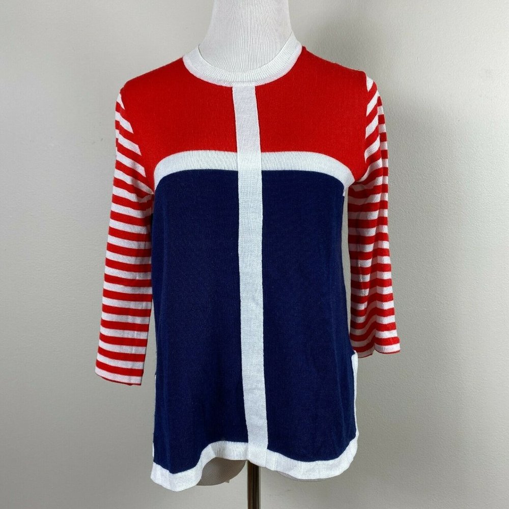 Vintage Joyce Sweater Top S Red White‎ Navy Stripe 3/4 Sleeve Colorblock